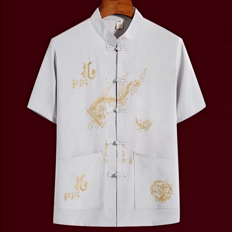Áo thun tay ngắn thêu họa tiết rồng phong cách Trung Hoa cho nam