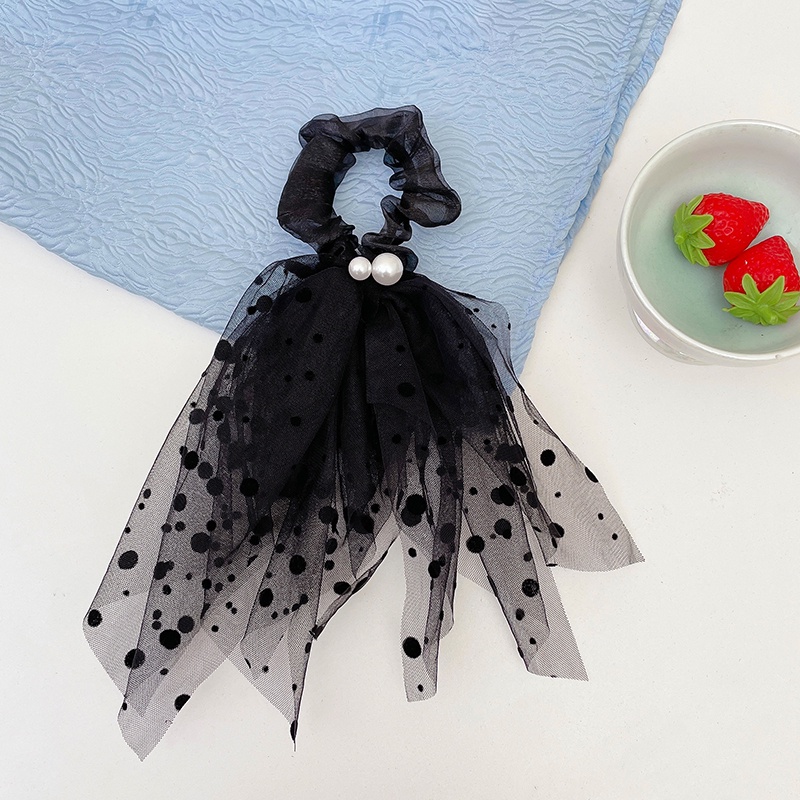 Dây Cột Tóc Vải Lưới Họa Tiết Chấm Bi Phối Tua Rua Và Ngọc Trai Xinh Xắn