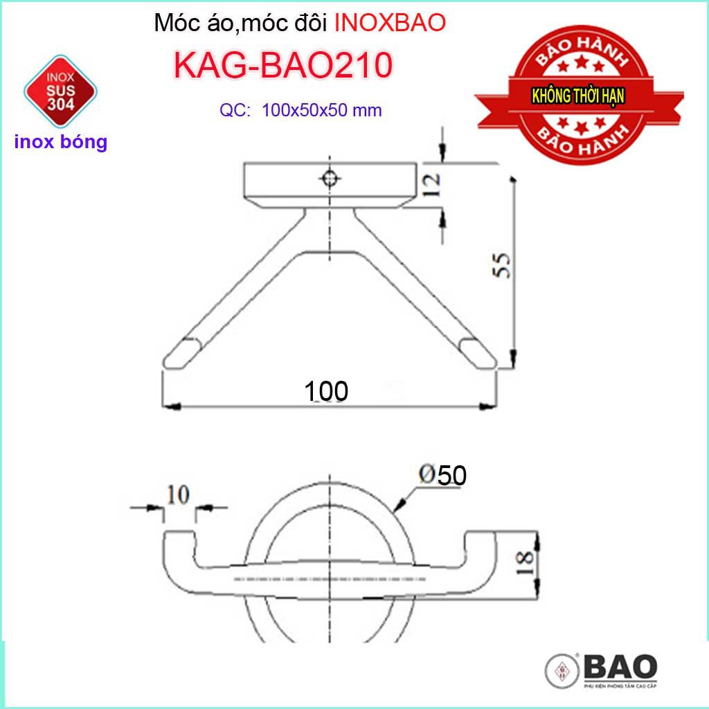 Móc treo đồ cao cấp Inox Bảo, móc áo Inox SUS304 KAG-BAO210