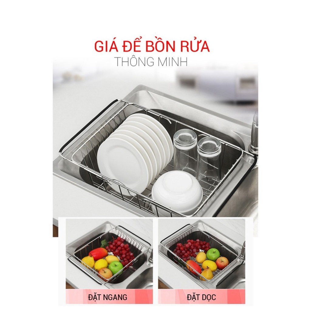 Rổ inox 304 gác bồn rửa chén rút gọn. Khay úp bát đĩa để rau củ đa năng