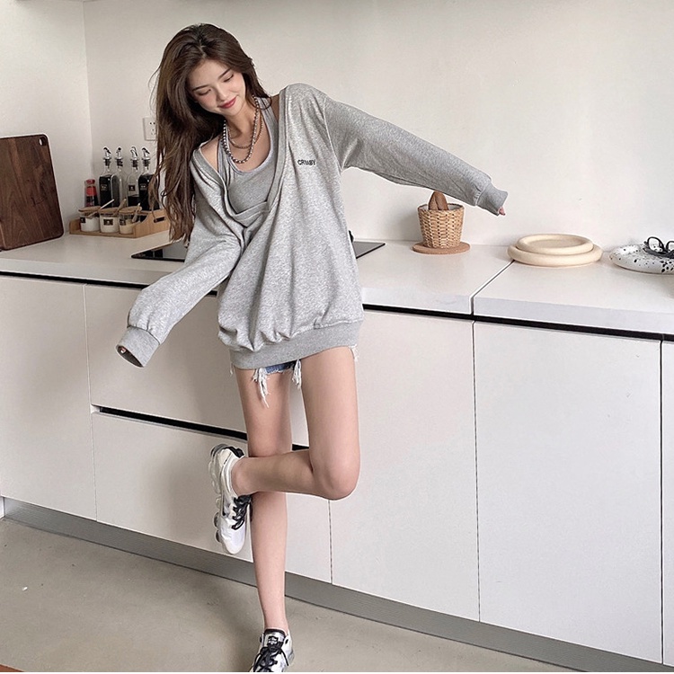 SUXI Áo thun tay dài cổ chữ v dáng dài rộng phong cách Hàn Quốc cho nữ