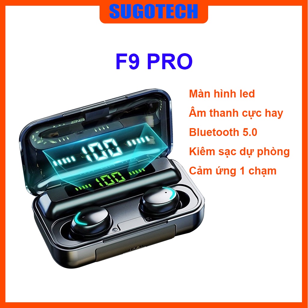 Tai nghe bluetooth F9 Pro True Wireless 5.0 vân tay đèn led, tai nghe không dây kiêm sạc dự phòng bản quốc tế chống nước