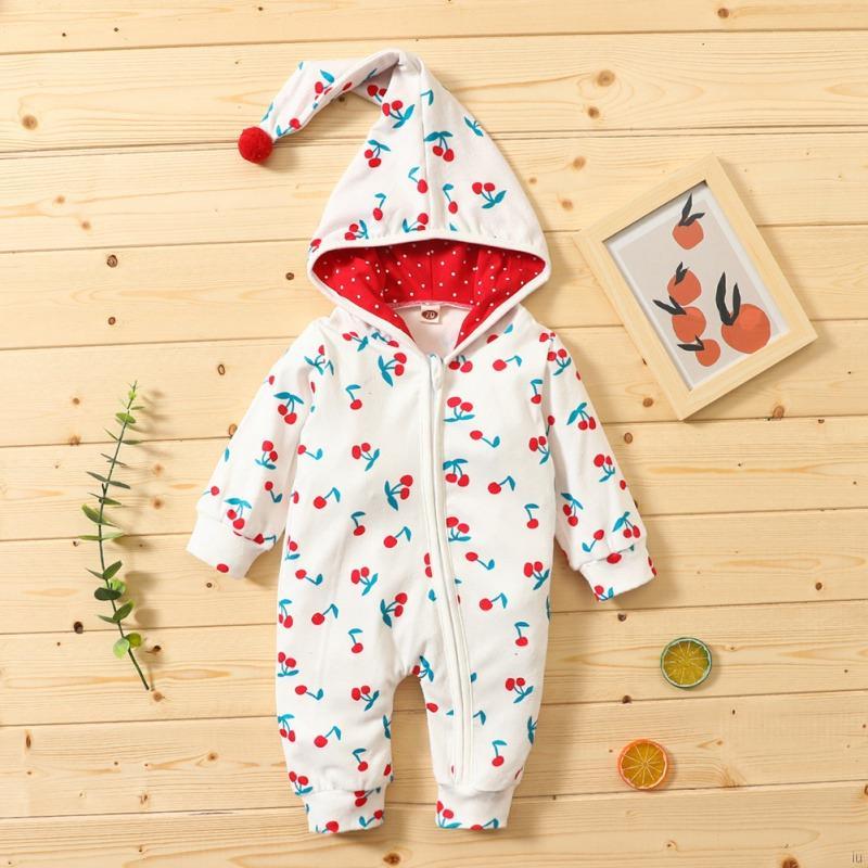Áo Liền Quần Tay Dài Có Nón Họa Tiết Cherry Đáng Yêu Cho Bé