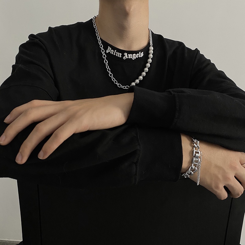 Vòng cổ Thép Titan Đính Ngọc Trai Dạ Quang Phong Cách Hip Hop Cá Tính