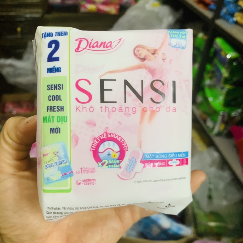 GÓI 8 MIẾNG BĂNG VỆ SINH DIANA SENSI KHÔ THOÁNG CHO DA CÁNH/KHÔNG CÁNH