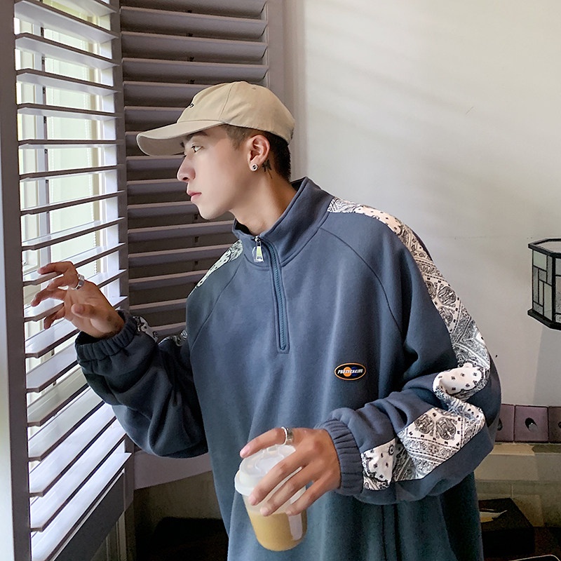 Áo khoác nỉ cổ đứng phối vải nhung họa tiết hoa có khóa kéo thời trang cho nam size M-2XL