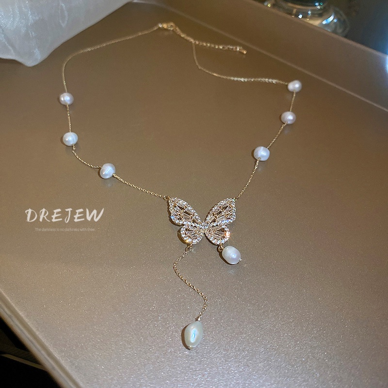 DREJEW Dây Chuyền Mặt Hình Bướm Đính Ngọc Trai Thời Trang Nhật Hàn Cho Nữ