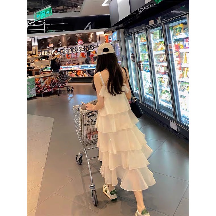 🎁🎁 Váy Hai Dây Trắng Có Tầng Bèo Dáng Dài Xinh Đi Chơi Đi Tiệc
