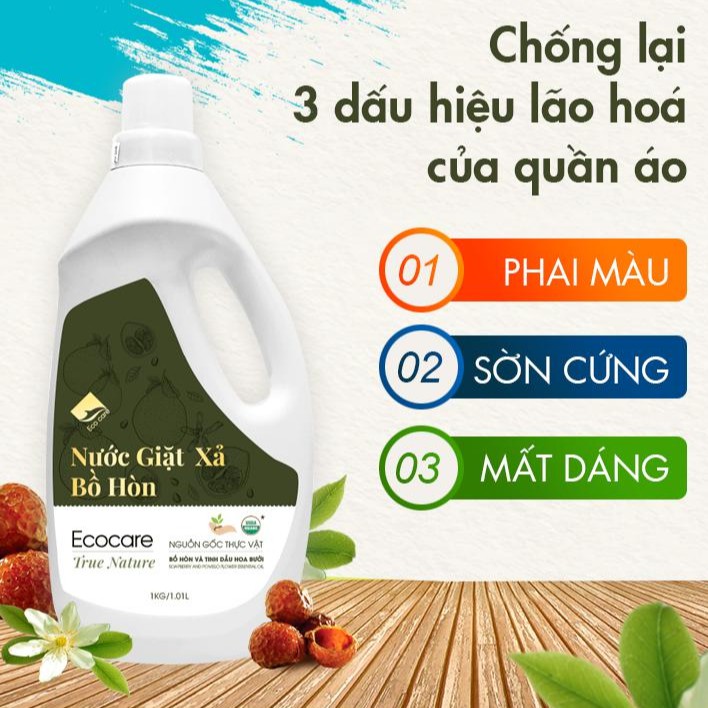 [Mã FMCG19G - 10% đơn 150K] Nước Giặt Xả Hữu Cơ Bồ Hòn tinh dầu Bưởi ECOCARE 2 lít - Bền màu, giữ dáng, làm mềm vải