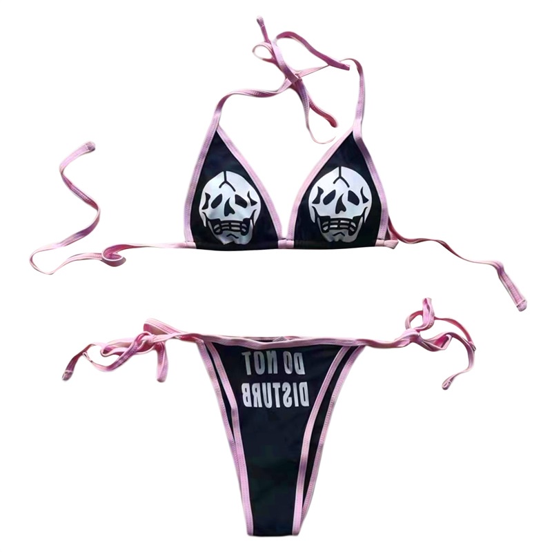Ldd-bộ Đồ Bơi 2 Mảnh Áo Ngực Cổ Yếm In Hình Đầu Lâu Vui Nhộn + Quần Lót Dây Buộc Bên Hông In Chữ Dành Cho Bạn Nữ