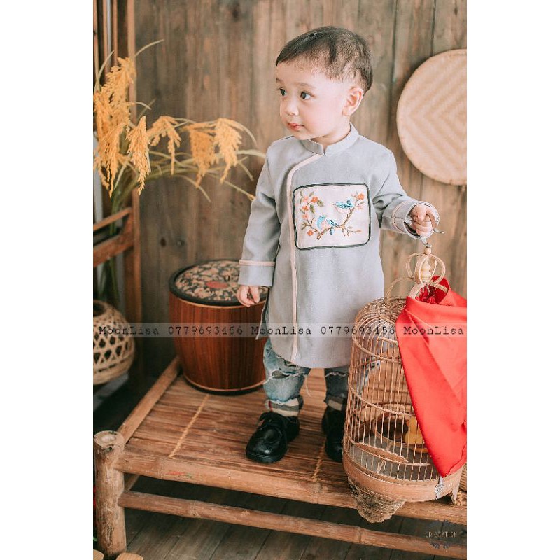 Áo Dài Bé Trai Thêu Tay Họa Tiết Chim Cho Bé Sản Xuất Trực Tiếp MOONLISA