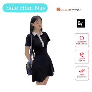 Váy đen body cổ vest trắng có ảnh thật tự chụp - HÀNG XỊN
