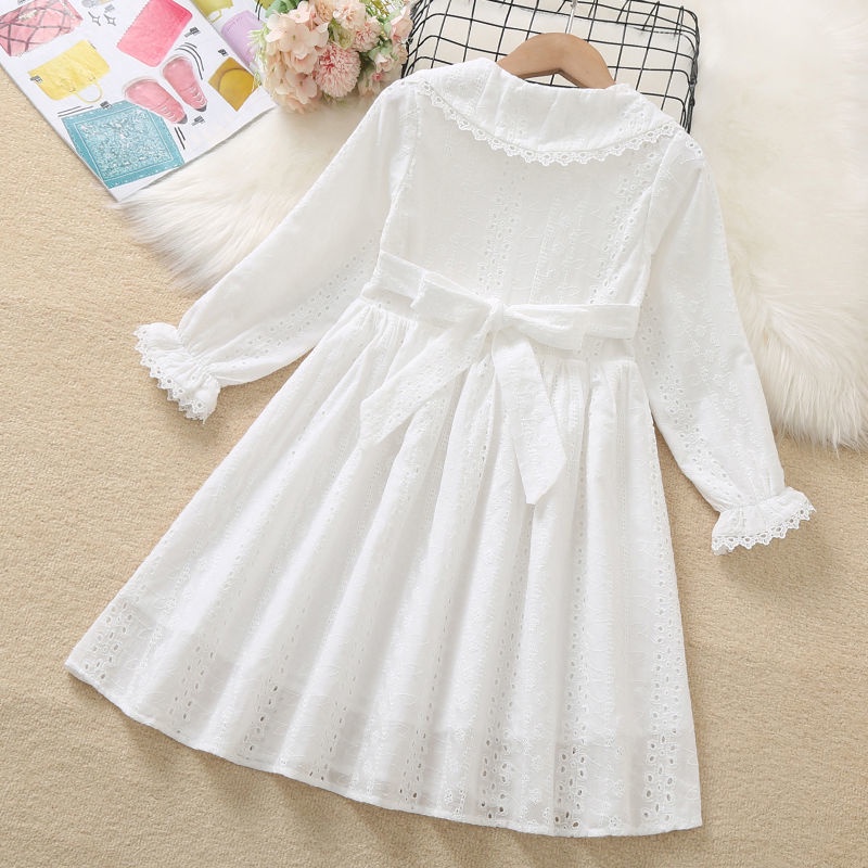 Đầm Công Chúa Tay Dài Cổ Búp Bê Vải Cotton Màu Trắng Phong Cách Phương Tây Thời Trang Mùa Thu Cho Bé Gái 10-14 Tuổi 12 Tuổi