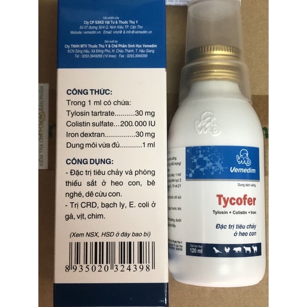 Tycofer 120ml uống hỗ trợ đường ruột cho heo con, bê nghé, dê cừu con