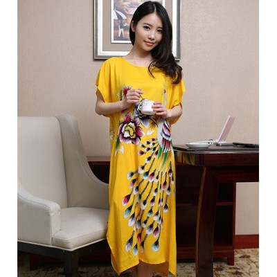Đồ ngủ Vải cotton Cổ V Dáng Rộng In Họa Tiết Chim Công Thoáng Khí Thời Trang Cho Nữ