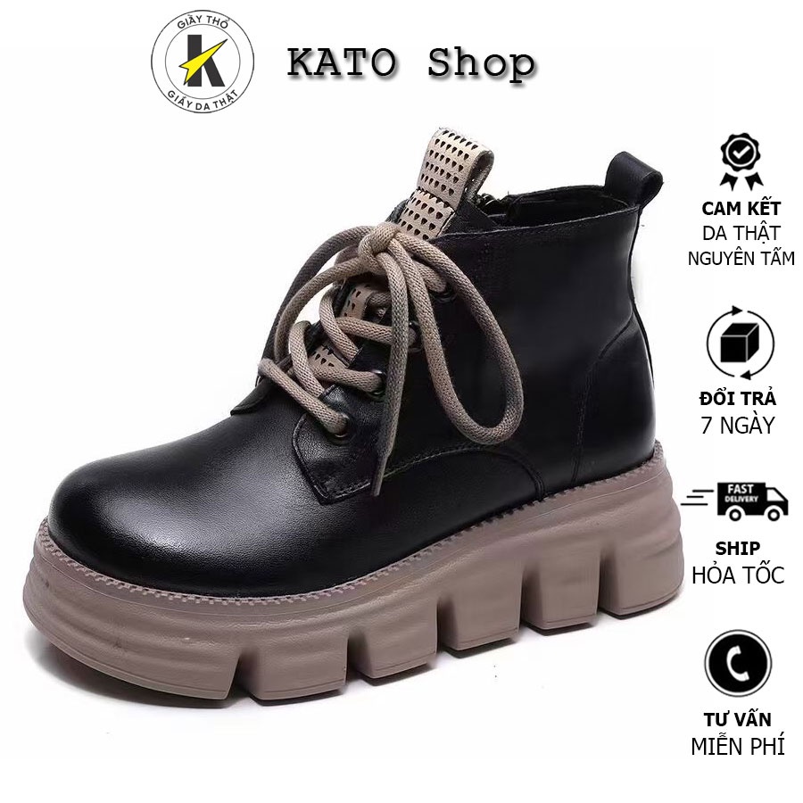 Bốt Nữ - Da Thật Đế Bánh Mỳ Răng Cưa Cao 5 P Phân Cm - Phong Cách Retro - Màu Nâu Đen - KATO Shop K726