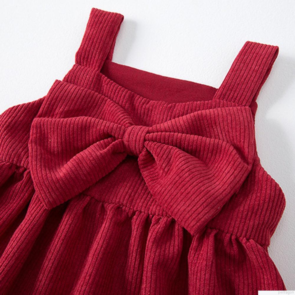 Đầm xòe 2 dây vải nhung đính nơ dễ thương cho bé gái 2-8 tuổi