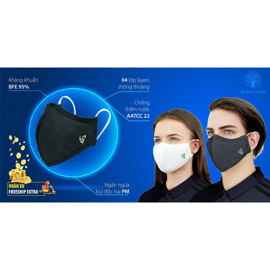Khẩu trang vải Bee kháng khuẩn chống thấm nước tiêu chuẩn US 4 lớp hàng chính hãng
