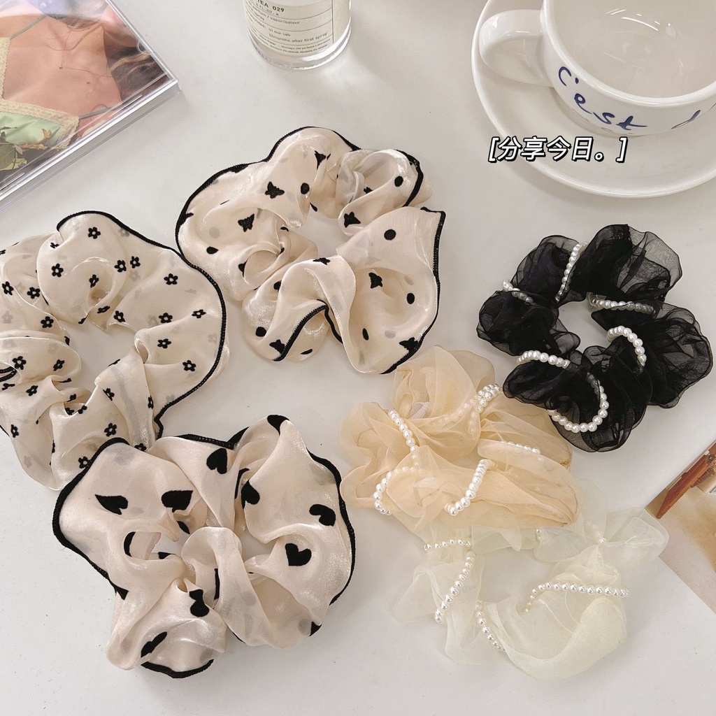 Dây cột tóc vải scrunchies hoa có viền phong cách Hàn Quốc siêu xinh DCV