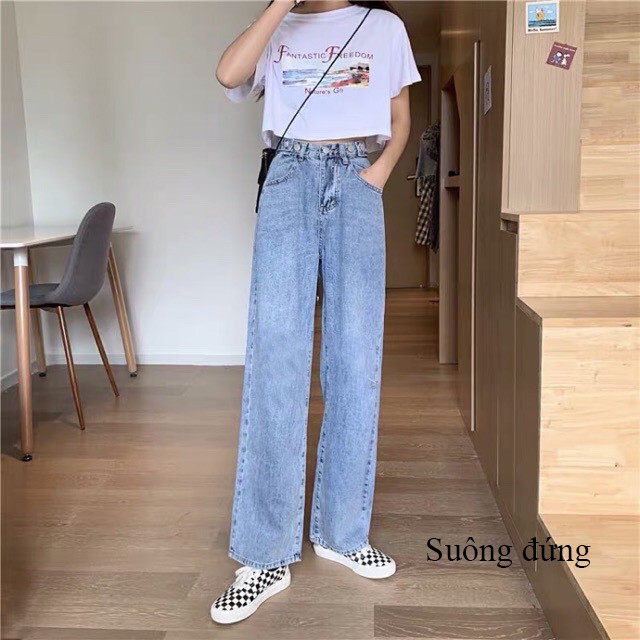 Quần Jean Nữ Ống Suông Dài màu xanh nhạt có Nút điều chỉnh eo ( ống rộng vừa) BC202 | BigBuy360 - bigbuy360.vn