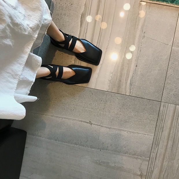 Giày Búp Bê Gót Thấp Mũi Vuông Phong Cách Retro Pháp