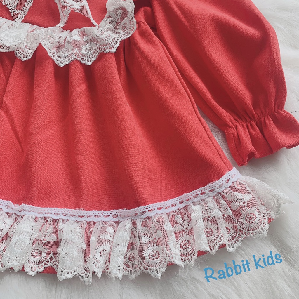 Váy Tết Cho Bé Gái FREESHIP Rabbit Kids - Đầm Dài Tay Trẻ Em – Váy Thu Đông Nhung Đỏ Phối Ren Kính Trắng