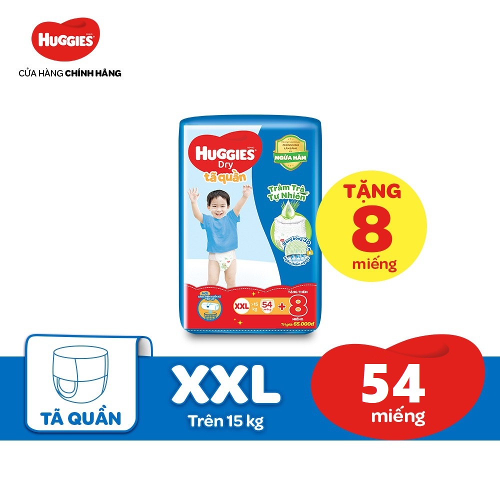 [MKB Gift] Tã Quần Huggies Tràm Trà Tự Nhiên Dry XL60/XXL54 + Tặng 8 miếng