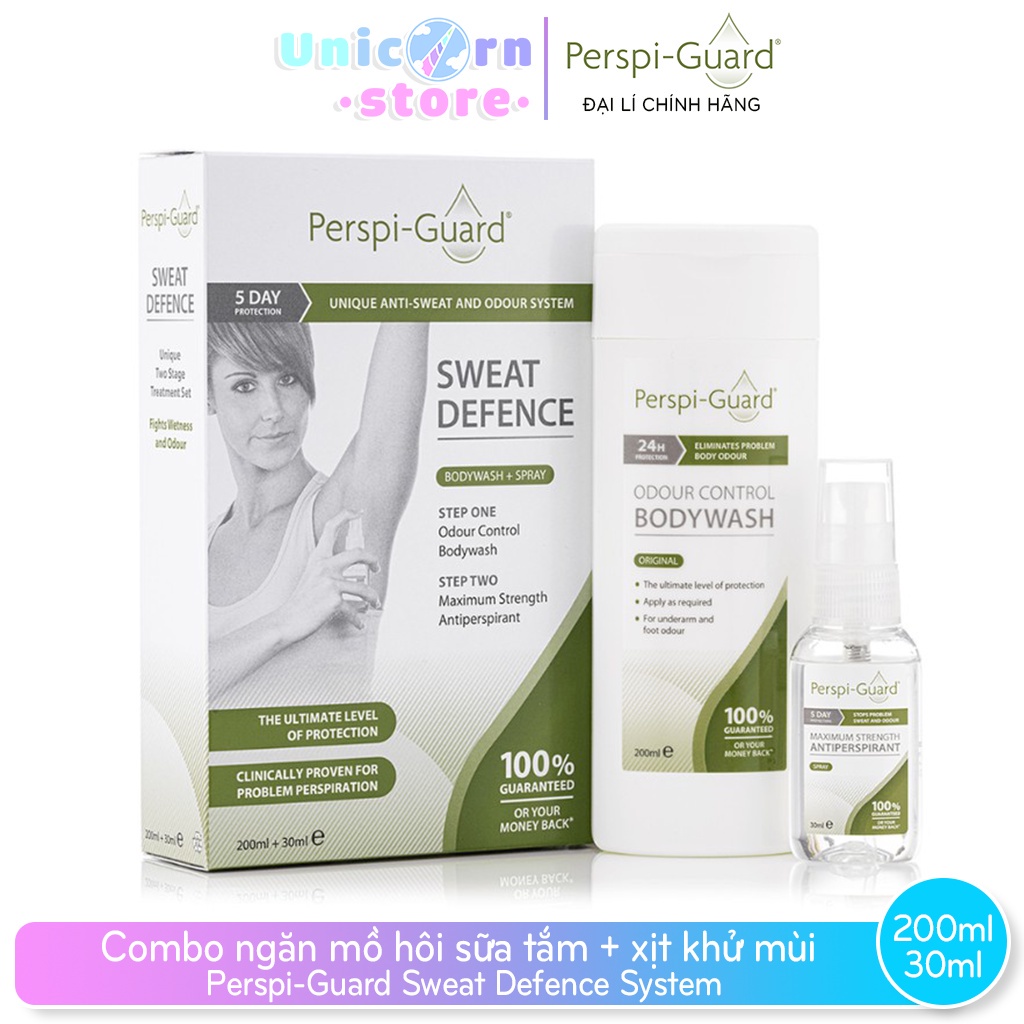 Combo ngăn mồ hôi sữa tắm + xịt khử mùi Perspi-Guard Sweat Defence System 200ml + 30ml