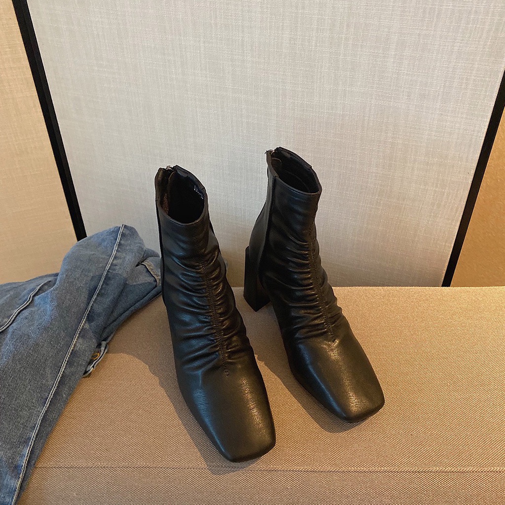 Bốt da lì nữ cao 7cm Boot cao gót đế trụ nữ Hàn Quốc Junnie Closet