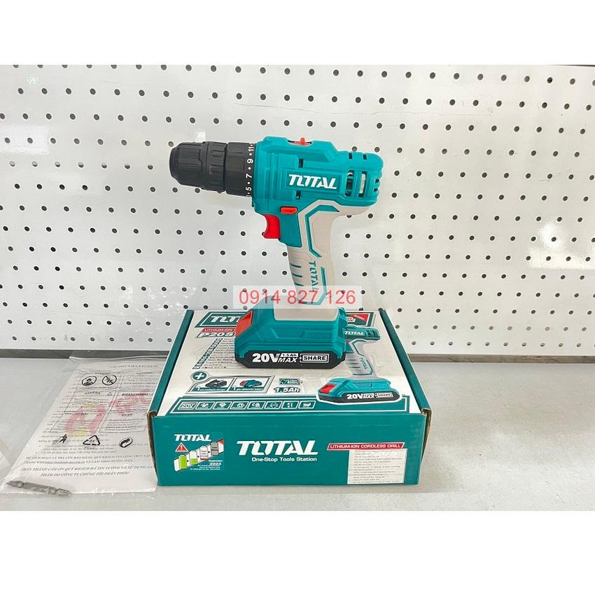 Máy khoan pin cầm tay 20V Total TDLI20011 hai tốc độ 400/1500v/p, siết 45nm, kèm 1 pin sạc, Bh 6 tháng