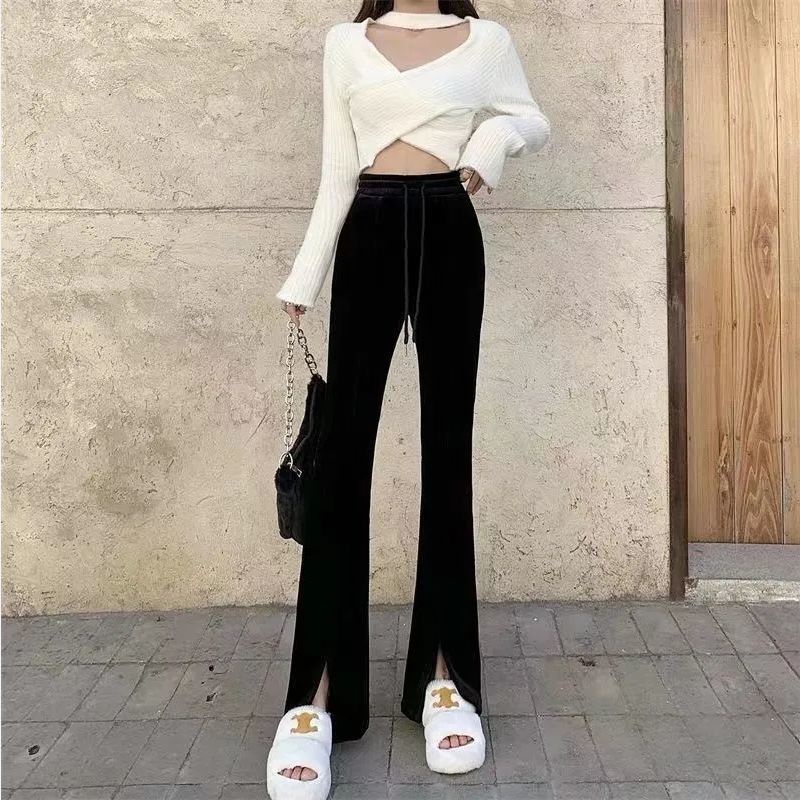 Jiashucheng Quần Ống Rộng Cạp Cao Xẻ Tà Họa Tiết Kẻ Sọc Thời Trang Xuân Hè Kiểu Mới Cho Nữ
