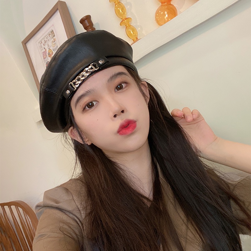 Mũ nồi da PU màu đen phong cách Hàn Quốc thời trang xuân thu cao cấp cho nữ