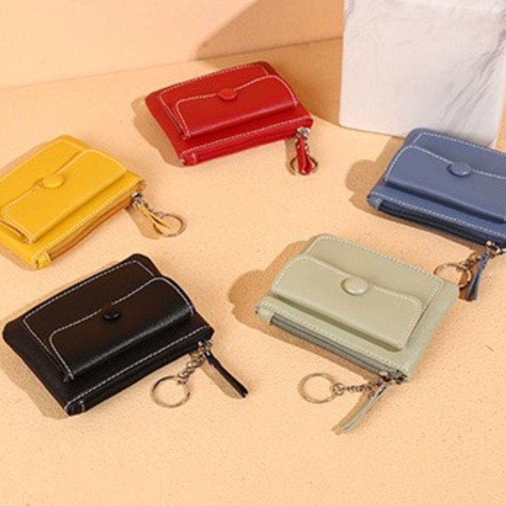 ELEGANT Ví Da PU Màu Trơn Có Móc Khóa Đựng Tiền Xu / Thẻ Đa Năng