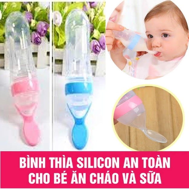 Bình ăn dặm silicon siêu mềm có thìa cho bé ăn bột, uống sữa tiện lợi