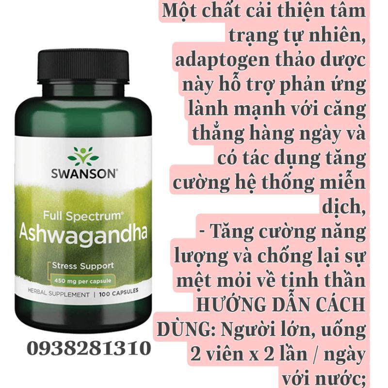 Swanson Premium Ashwagandha bổ sung 450mg hỗ trợ giảm căng thẳng và hỗ trợ năng lượng 100v