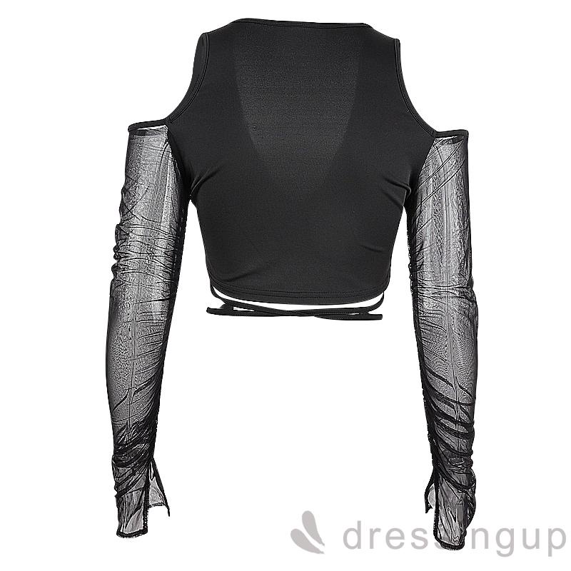 Áo Croptop Tay Dài Cổ Chữ V Màu Sắc Trơn Thiết Kế Dây Đan Chéo Sành Điệu