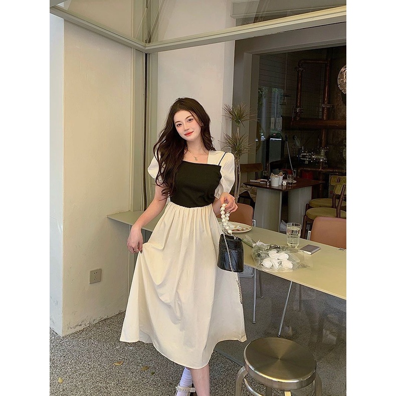 Set Áo Tay Phồng Cổ Vuông + Chân Váy Chữ A Lưng Cao Thời Trang Nữ retro