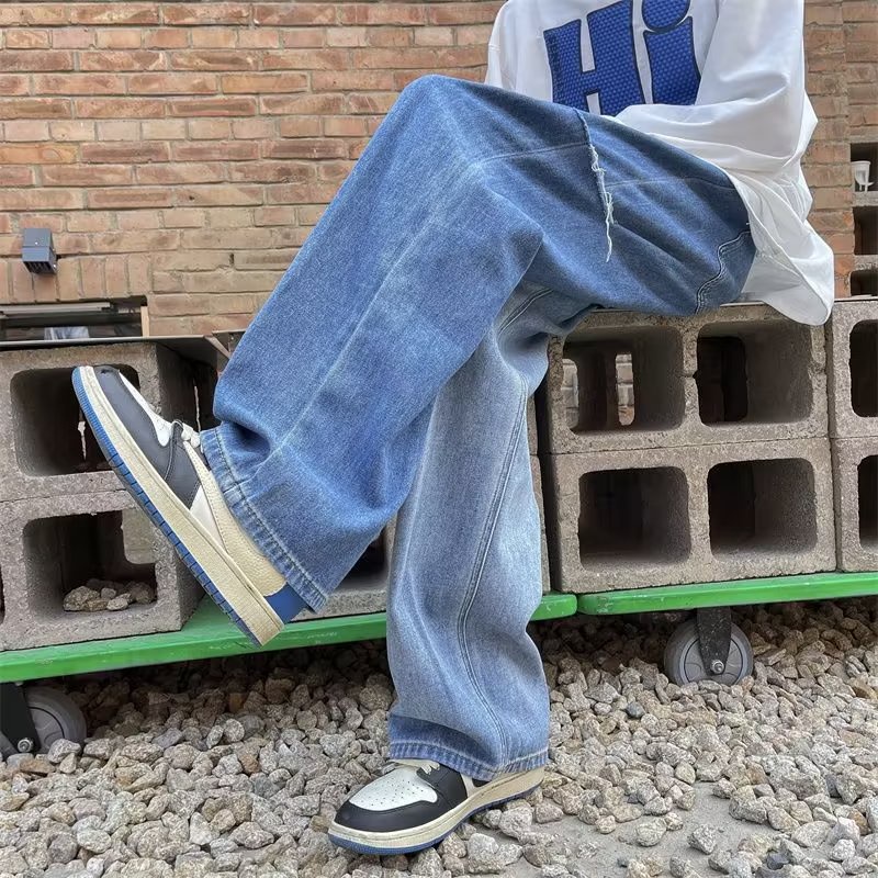 Quần jeans Dài Lưng Thun Phối Vết Rách Phong Cách Hip Hop Hàn Quốc Cho Nam Giới Size S-3XL