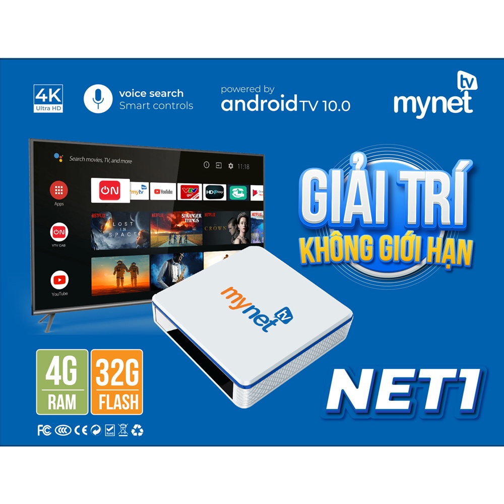 Android Tivi Box MYNET TV 4H - Chip lõi tứ, 4GB RAM, 32GB ROM, Android 10 OS - Cấu hình mạnh mẽ, Hàng chính hãng 2021