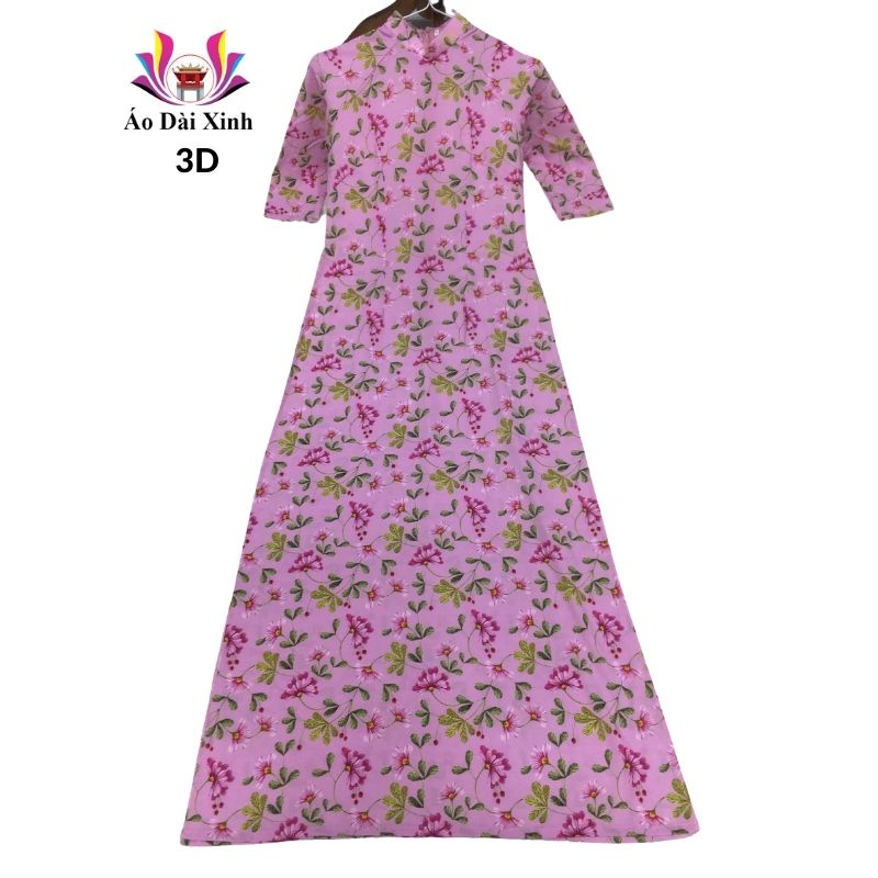 Áo dài truyền thống in 3D cổ 3cm tay lỡ màu tím hoa lá
