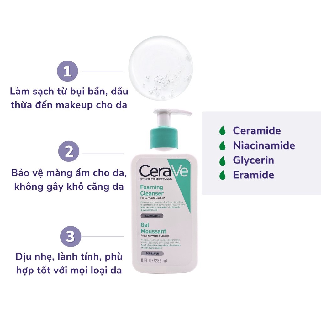 Sữa rửa mặt cerave foaming facial cleanser cho da dầu mụn 236ml