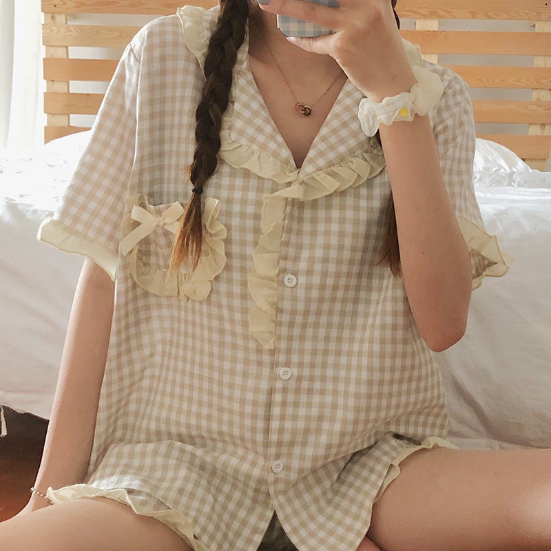 [CÓ SẴN] Đồ ngủ pijama kẻ caro bèo nhún cộc tay Hàn Quốc ullzang