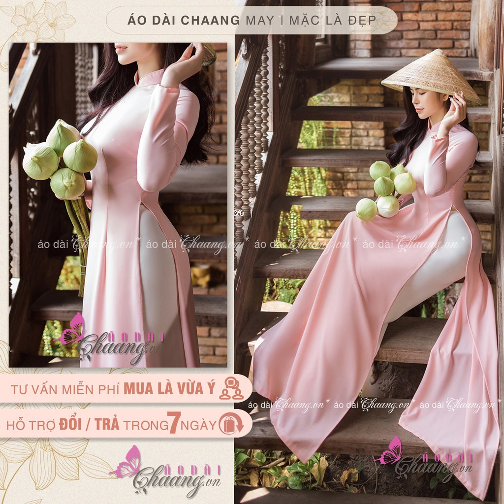 Áo dài hồng phấn mịn CHAANG May dáng áo truyền thống tôn dáng, vải lụa Mỹ hồng