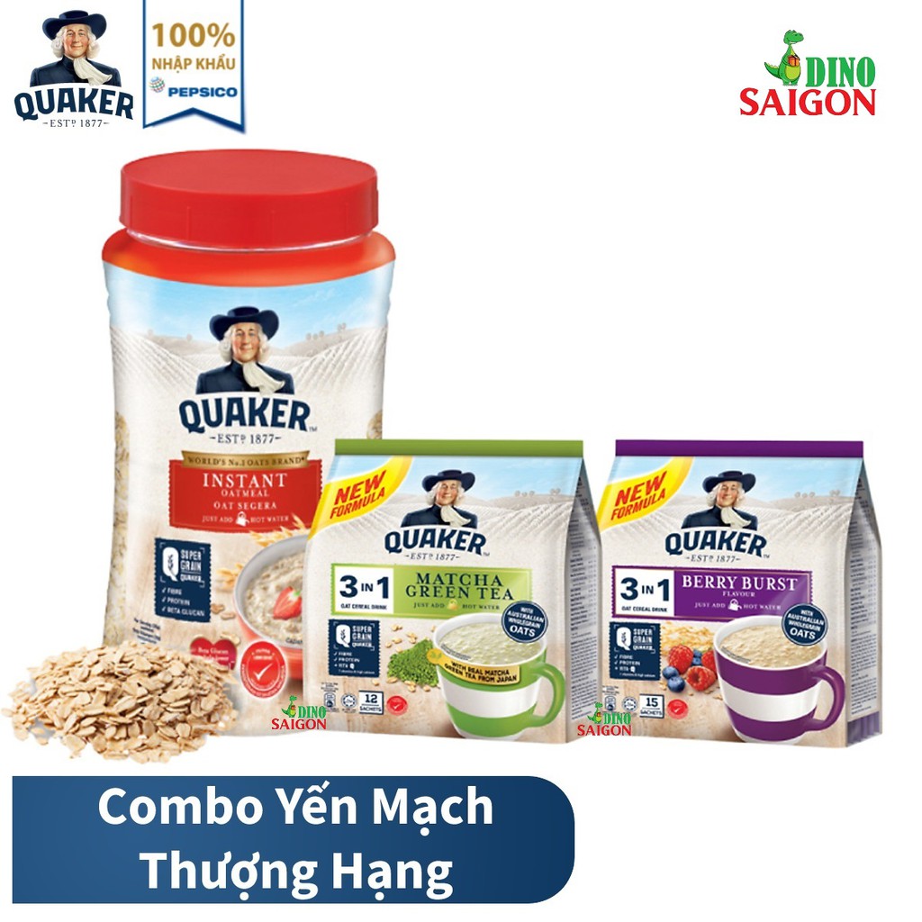 Combo 3 Thức Uống Yến Mạch Quaker gồm 1 Hũ Ăn Liền 600g + 1 Gói 3in1 Vị Dâu Berry + 1 Gói 3in1 Vị Matcha Trà Xanh