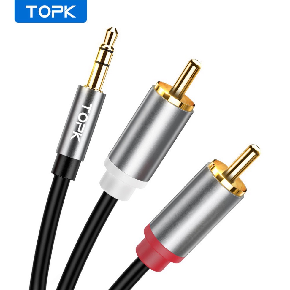 Dây Cáp Âm Thanh TOPK L14 Chuyển Đổi 2 Jack Cắm RCA Sang Jack 3.5mm Chuyên Dụng Dài 1Mét - Bảo Hành 1 Tháng