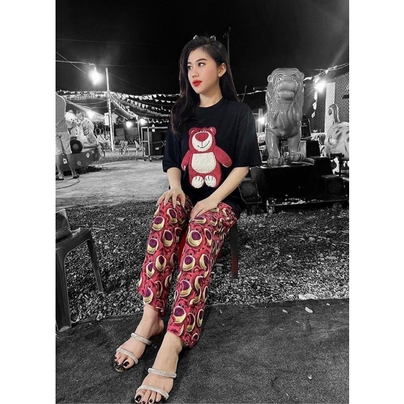 Set áo cotton gấu thêu quần suông gấu đáng yêu