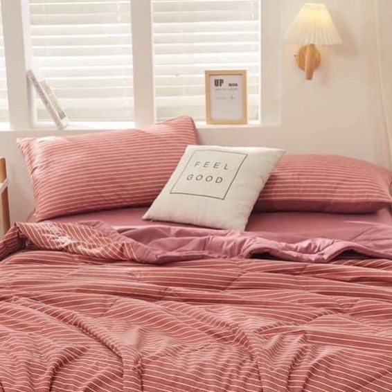 Bộ chăn ga gối cotton tici chăn trần EMMI Bedding mẫu KẺ NGANG HỒNG  grap nệm thun lạnh Hàn Quốc Drap giường đệm đủ siz