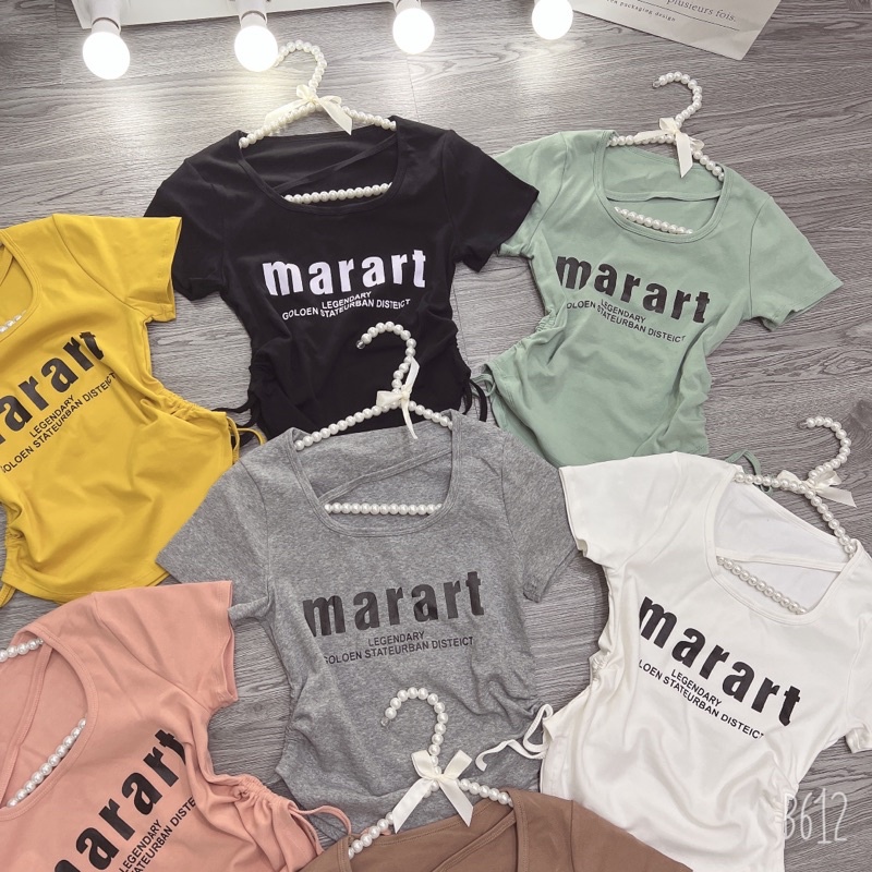 Áo thun body tay ngắn cổ U chéo dây rút hai bên in chữ Marart