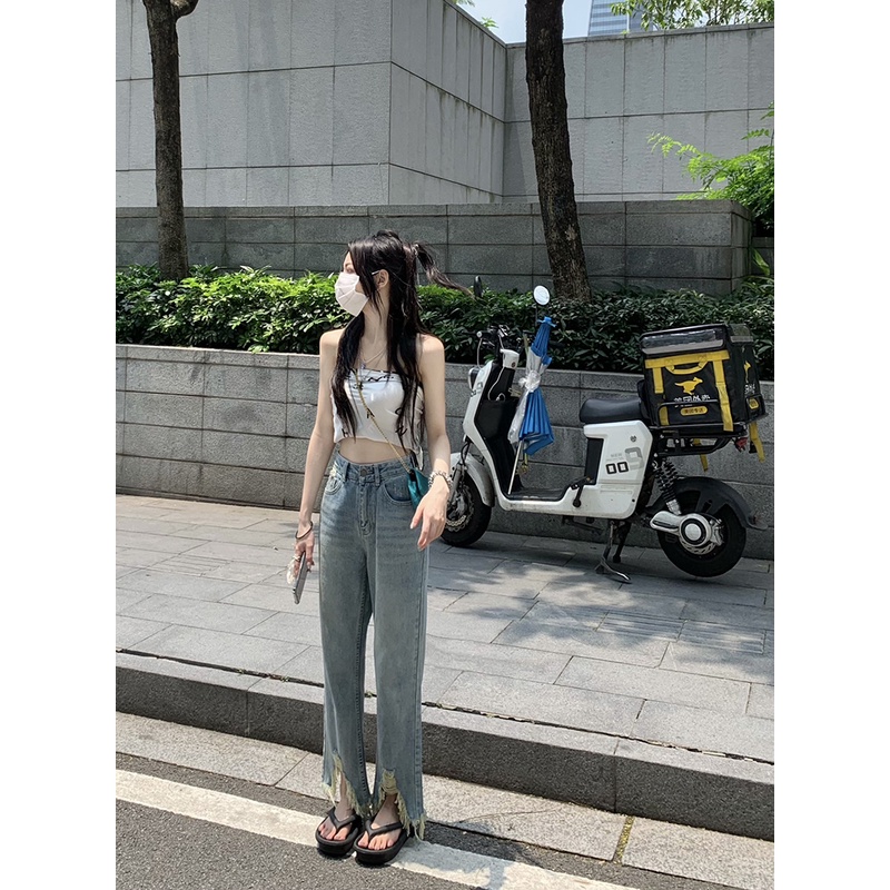 Cocory vn Quần Jean Ống Rộng Lưng Cao Thời Trang Mùa Hè Cho Nữ