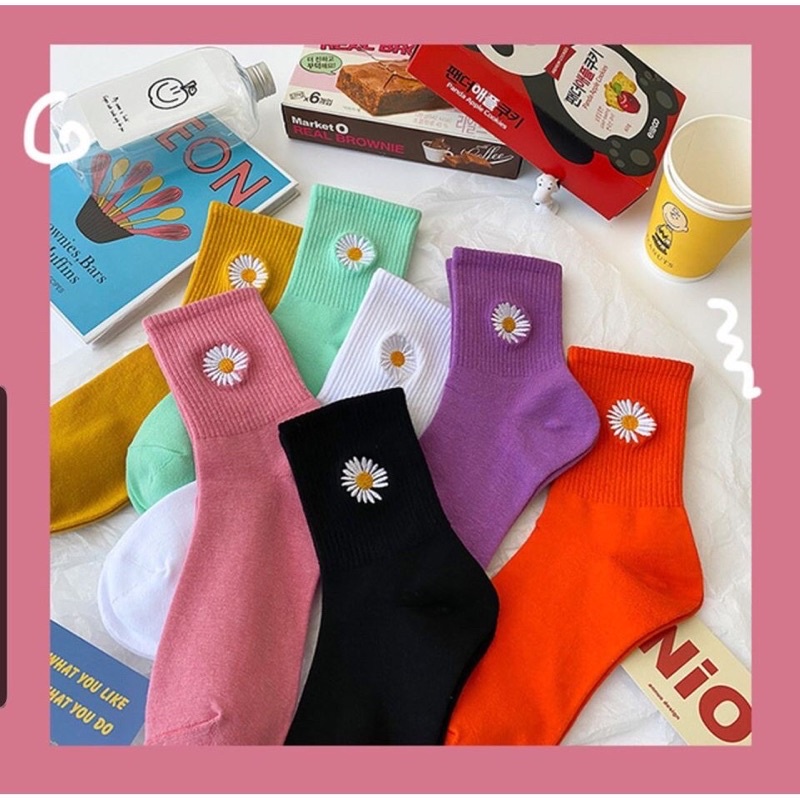 [TonaShoe] Tất Cổ Cao Hoạ Tiết Hoa Cúc Đủ Màu